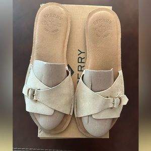 Sperry seaport metallic gold tan gel sole side buckle slide on sandal size 12